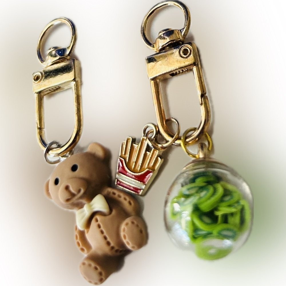 Set of TWO Cute Bear & Miniature Fries & Fruit Charmed Fashion Keyring Keychains